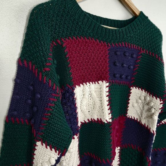 Vintage Crew Handknit Sweater Womens Size L Patchwork Green, Navy, Burgundy cozy - Picture 1 of 10